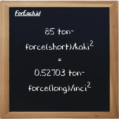 85 ton-force(short)/kaki<sup>2</sup> setara dengan 0.52703 ton-force(long)/inci<sup>2</sup> (85 tf/ft<sup>2</sup> setara dengan 0.52703 LT f/in<sup>2</sup>)